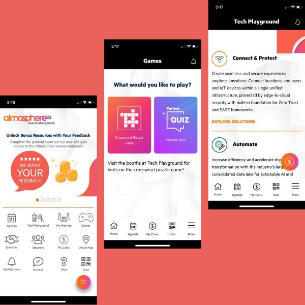 Atmosphere-23-Asia Pacific-Japan-PMG-3.jpg Three mobile app interfaces, highlighting the features of the Atmosphere '23 event app.